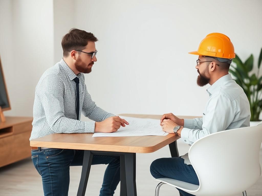 A clean, minimalistic office space with a project manager discussing
