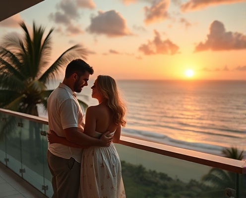 Couple on tropical balcony at sunset