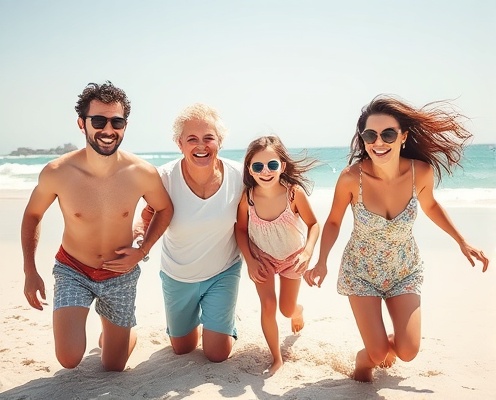 Happy family playing on sunny beach