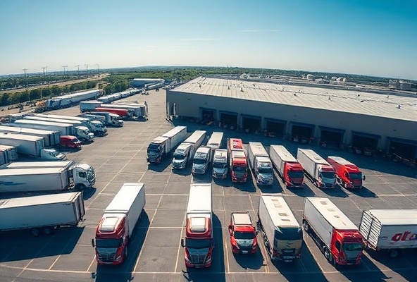 Modern logistics warehouse with trucks