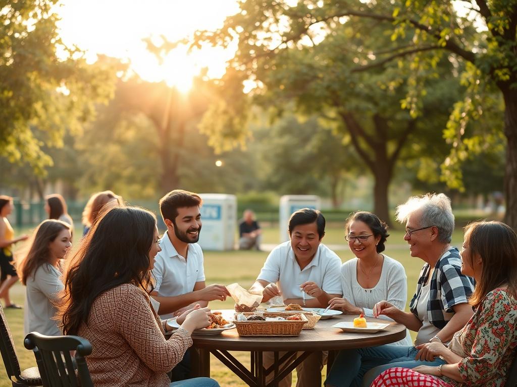 A serene community gathering in a peaceful park setting, with