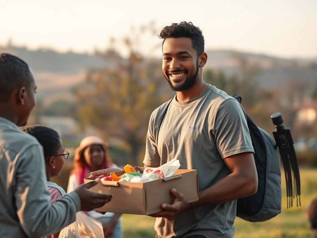 A serene and uplifting scene of a volunteer distributing food