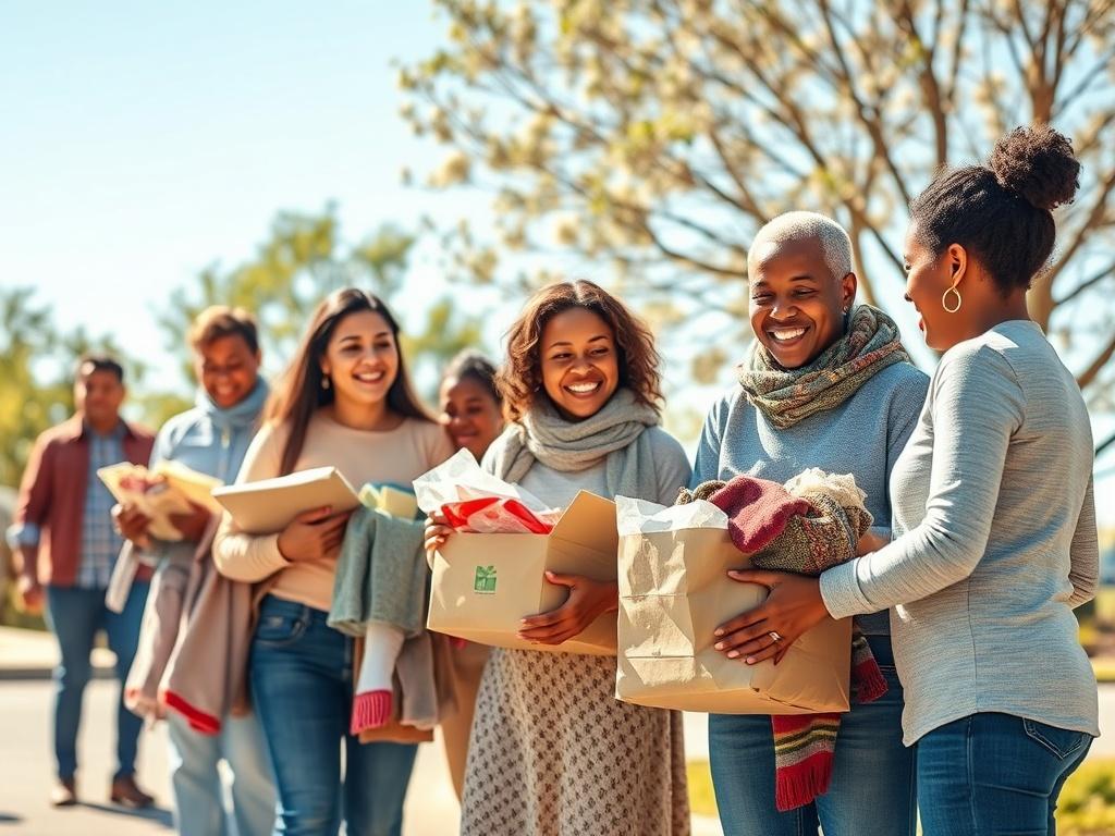 A heartwarming scene of diverse volunteers distributing food and clothing