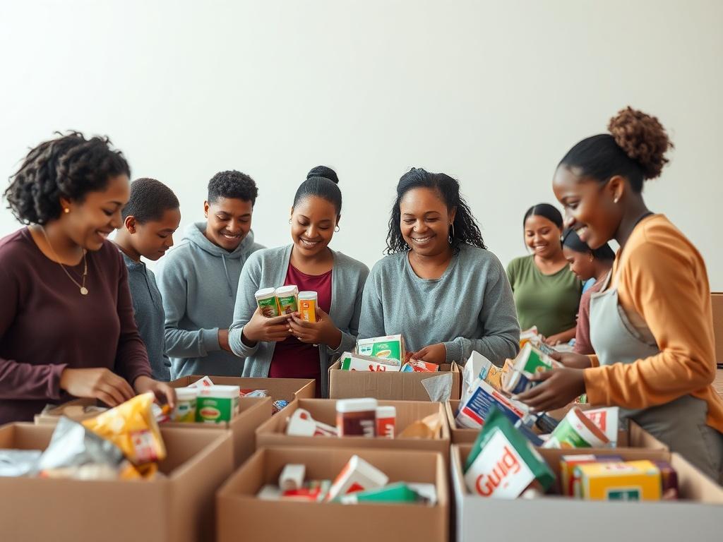 A warm, inviting scene of volunteers sorting food items at