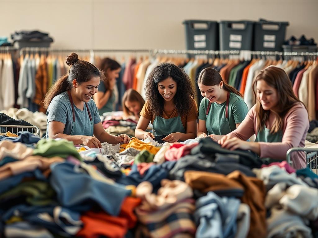 A serene scene of volunteers sorting through piles of donated