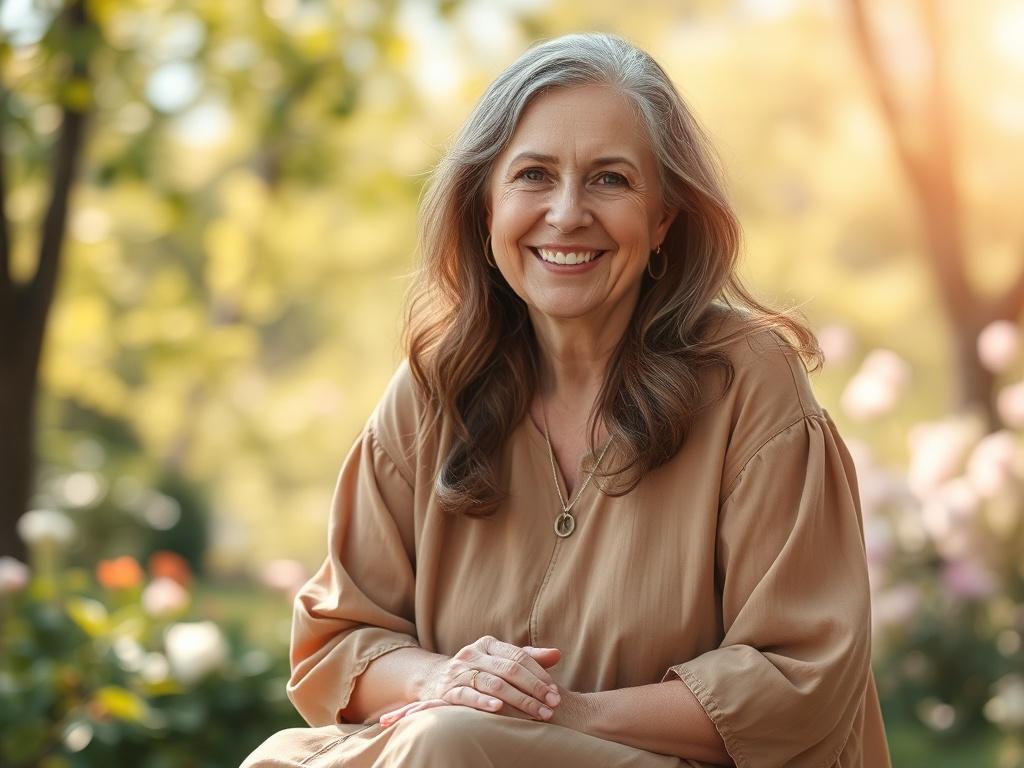 **AI Image Generation Prompt:**

Create a realistic high-resolution photo that embodies the theme "Transforming Lives Through Faith." The composition should be simple and clear, featuring a single subject: a middle-aged woman with a warm and inviting smile. She should be sitting in a serene outdoor setting, perhaps in a peaceful park or garden filled with soft greenery and gentle sunlight filtering through the leaves. 

The woman should be dressed in a light, flowing dress in soft earth tones, conveying a s