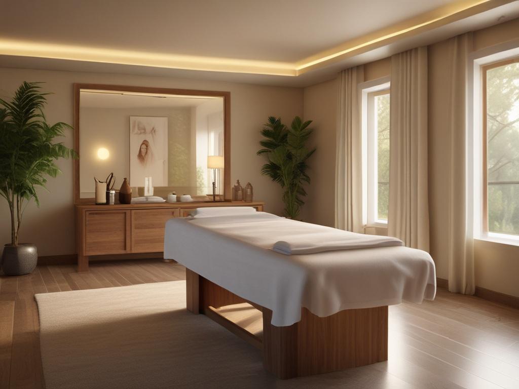 A serene and inviting spa setting, featuring a massage table