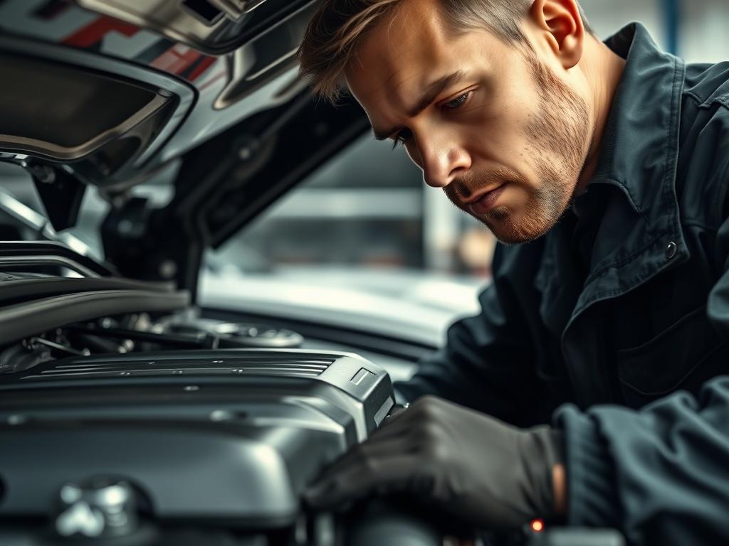 A hyper-realistic close-up shot of a car's engine with a mechanic examining it with a focused expression. The background should be blurred to emphasize the detail of the engine components, with natural lighting highlighting the metallic surfaces. The image should evoke a sense of professionalism and trustworthiness, capturing the essence of thorough automotive expertise.