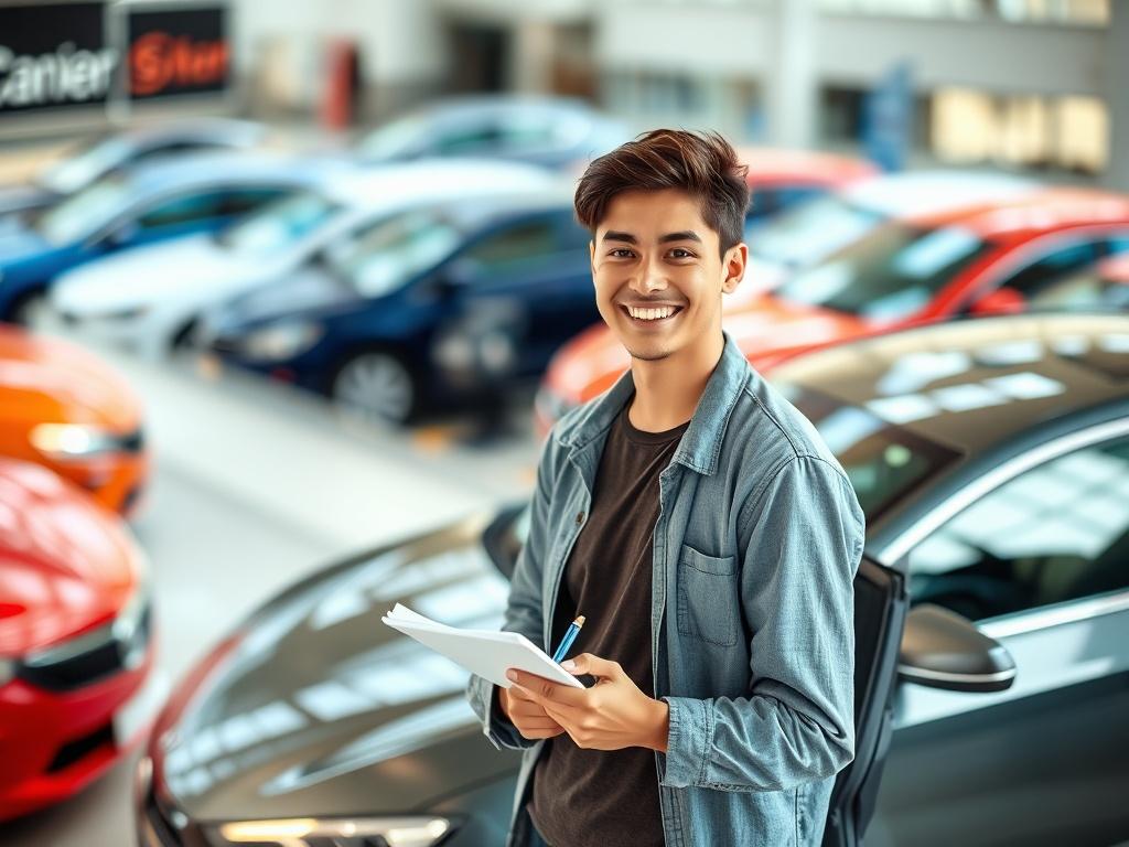 Create a realistic high-resolution photo of a young first-time car buyer standing confidently next to a sleek, modern car in a dealership lot. The individual, a smiling young adult with a casual yet stylish outfit, is holding a notepad and pen, symbolizing their preparation and eagerness to learn. Focus on the person's expressive face, conveying a sense of excitement and determination. 

The background should feature well-organized rows of various cars in vibrant colors, enhancing the idea of choice and opp