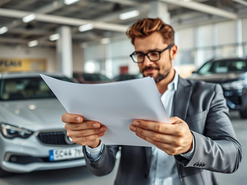 A close-up shot of a confident car buyer reviewing paperwork in a bright dealership. The focus is on the buyer's hands holding a contract with a car in the background. The setting is clean and professional, with modern car displays. The lighting is bright and inviting, showcasing the buyer's focused expression. Ensure a hyper-realistic quality, shot with a 45mm f/1.2 lens.