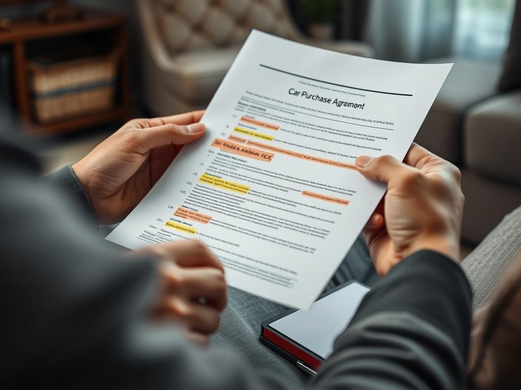 A close-up shot of a person reviewing a car purchase agreement with highlighted sections indicating hidden fees. The setting is a cozy living room, with a calculator and notepad next to the agreement. The focus is on the document, emphasizing the importance of detailed review.