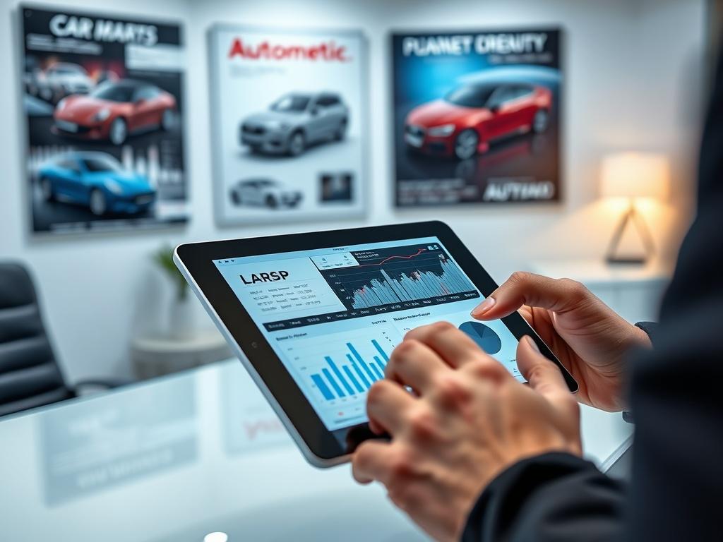 A close-up shot of a person analyzing car market trends on a digital tablet, with charts and data visible on the screen. The background is a modern office setting, featuring automotive posters and a sleek desk. The focus is on the tablet and the person's hands, emphasizing the analytical process.