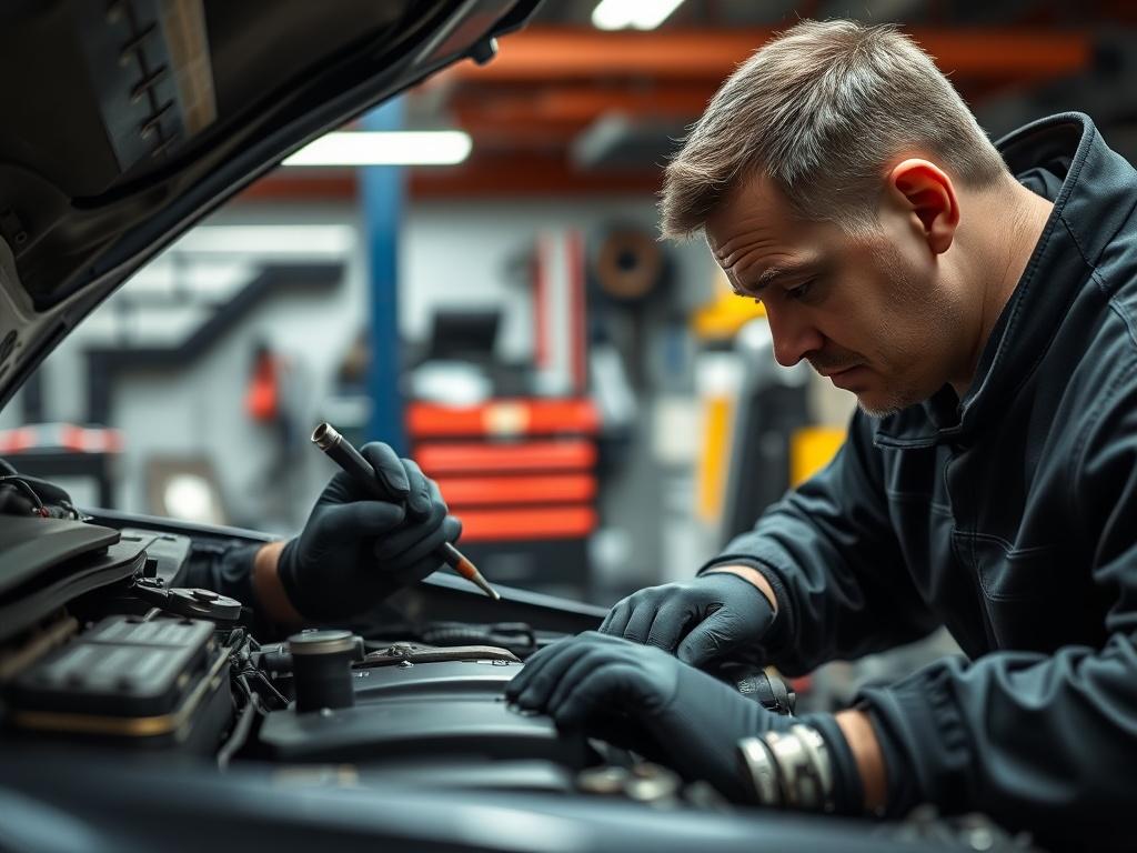 A close-up shot of a mechanic inspecting a car engine in a well-lit garage. The mechanic is wearing gloves and using tools to check various components. The background features automotive tools and equipment, showcasing a professional quality assessment environment.