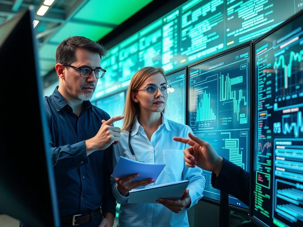 A close-up shot of three engineers intensely focused on advanced computer screens displaying complex data and flashing lines of light. The engineers, a diverse group of men and women, are engaged in a collaborative discussion, pointing at the screens while taking notes. The background is a modern, high-tech office environment with subtle hints of green to match the primary color. The lighting is bright and emphasizes the screens' dynamic visuals.