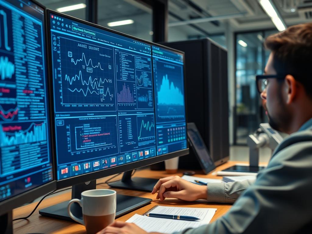 A close up shot of a data scientist analyzing machine