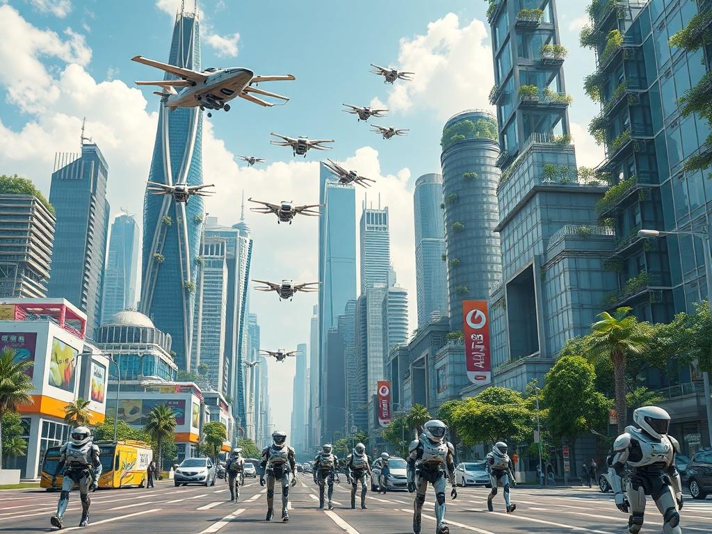 A futuristic cityscape featuring flying vehicles in the sky and robots walking on the streets. The city should be vibrant, with tall, sleek skyscrapers adorned with greenery. The scene captures a bustling atmosphere, showcasing advanced technology and innovation. The color scheme should complement the rgb(50, 170, 39) primary color.