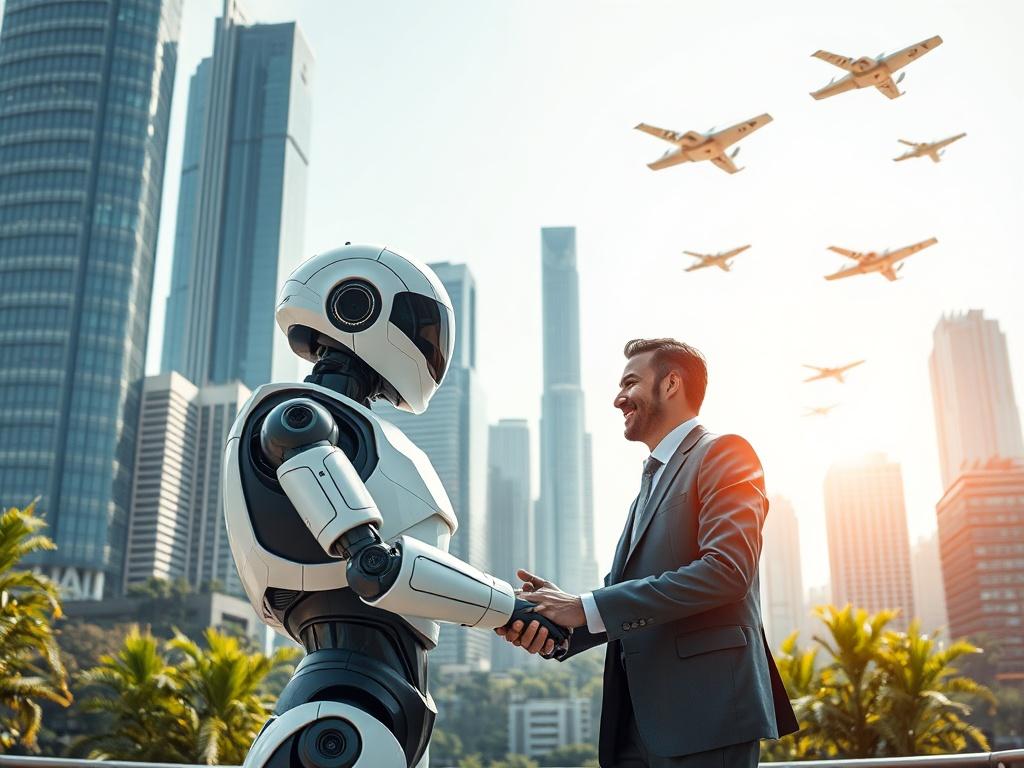 A futuristic cityscape with tall skyscrapers and flying vehicles in a bright, clear sky. In the foreground, a friendly robot is shaking hands with a man dressed in business attire, symbolizing collaboration between humans and technology. The background features a blend of greenery integrated into the urban landscape, showcasing the harmony between nature and innovation. The scene should be vibrant and optimistic, with a focus on the interaction between the robot and the man.
