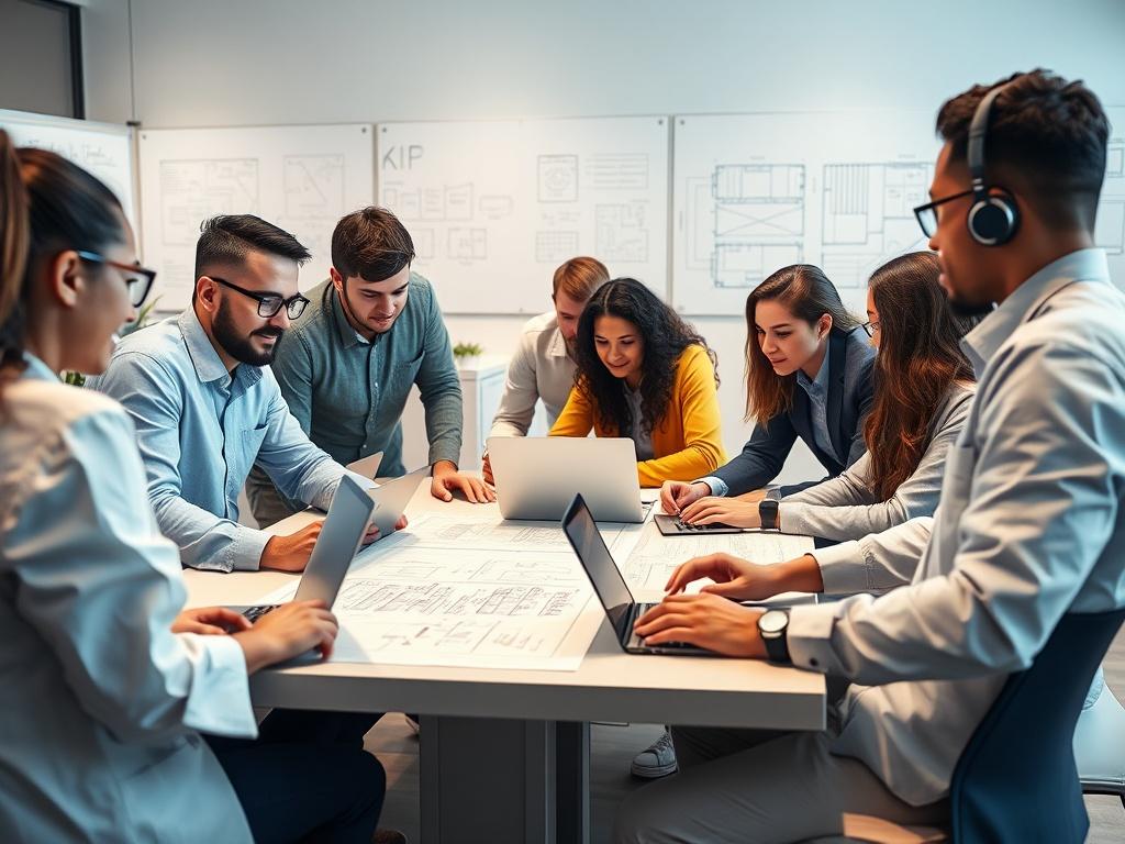 A group of diverse computer scientists collaborating in a modern office environment, focused on implementing advanced infrastructure systems. The scene shows them gathered around a large table with laptops, blueprints, and digital displays showcasing architecture designs. The background features a sleek, contemporary office with whiteboard sketches and tech gadgets. The atmosphere is dynamic and engaging, highlighting teamwork and innovation in artificial intelligence and machine learning architecture.