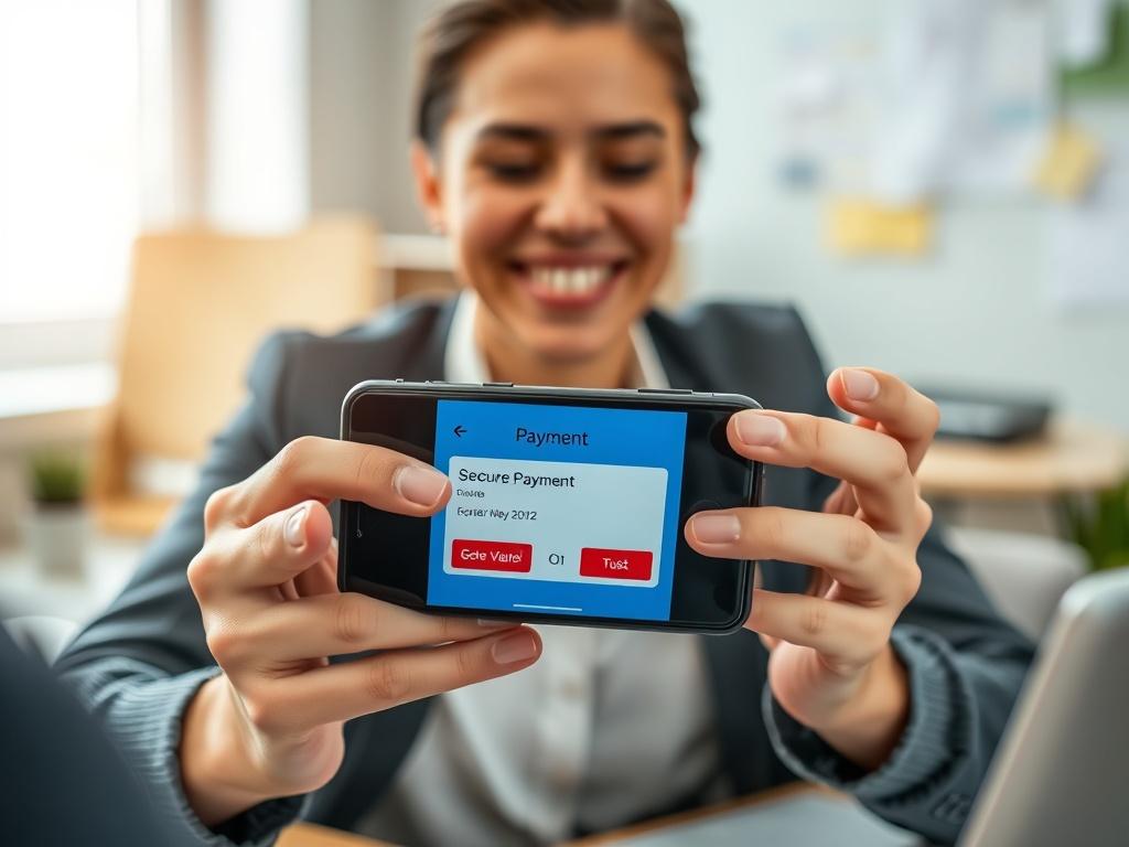 A close-up shot of a person holding a smartphone and making a secure payment online. The focus is on the phone screen displaying a payment confirmation, with a satisfied expression on the person's face. The background includes a well-organized workspace, symbolizing trust and professionalism.