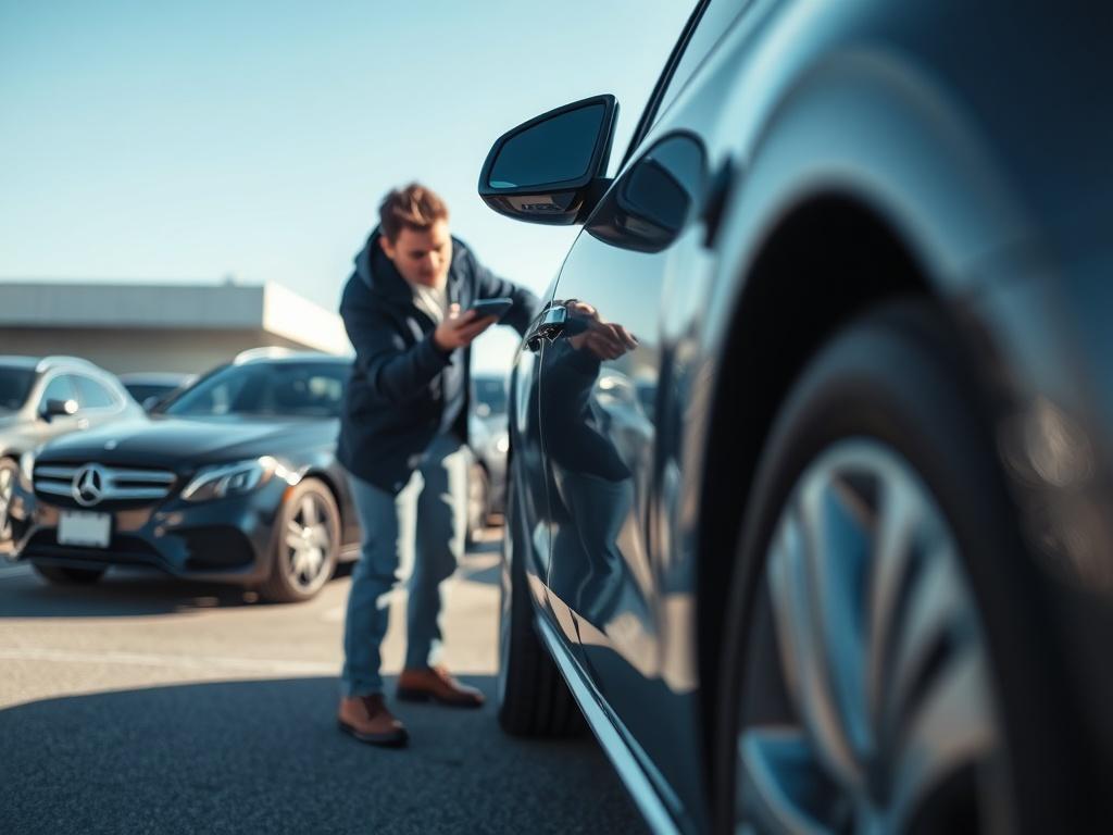 A close-up shot of a person inspecting a used vehicle, highlighting its features and quality. The background shows a clean, organized car lot, with clear blue skies. The focus is sharp on the vehicle, ensuring details like the paint and wheels are visible. The image should convey professionalism and trust.