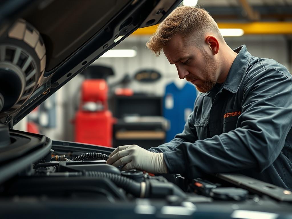 A close-up shot of a mechanic conducting a vehicle inspection, focusing on the technician examining the engine. Tools are visible, along with vehicle parts, creating a professional atmosphere. The background is well-lit, showing a clean garage environment, emphasizing attention to detail and quality.