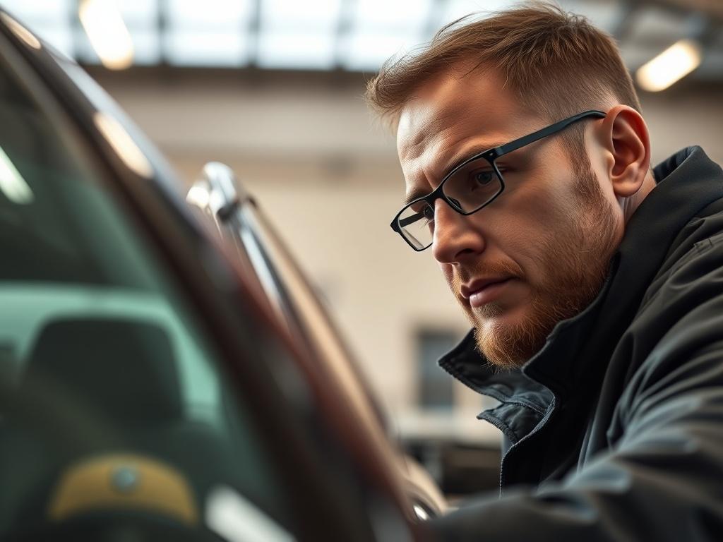 A close up shot of a professional car dealer inspecting