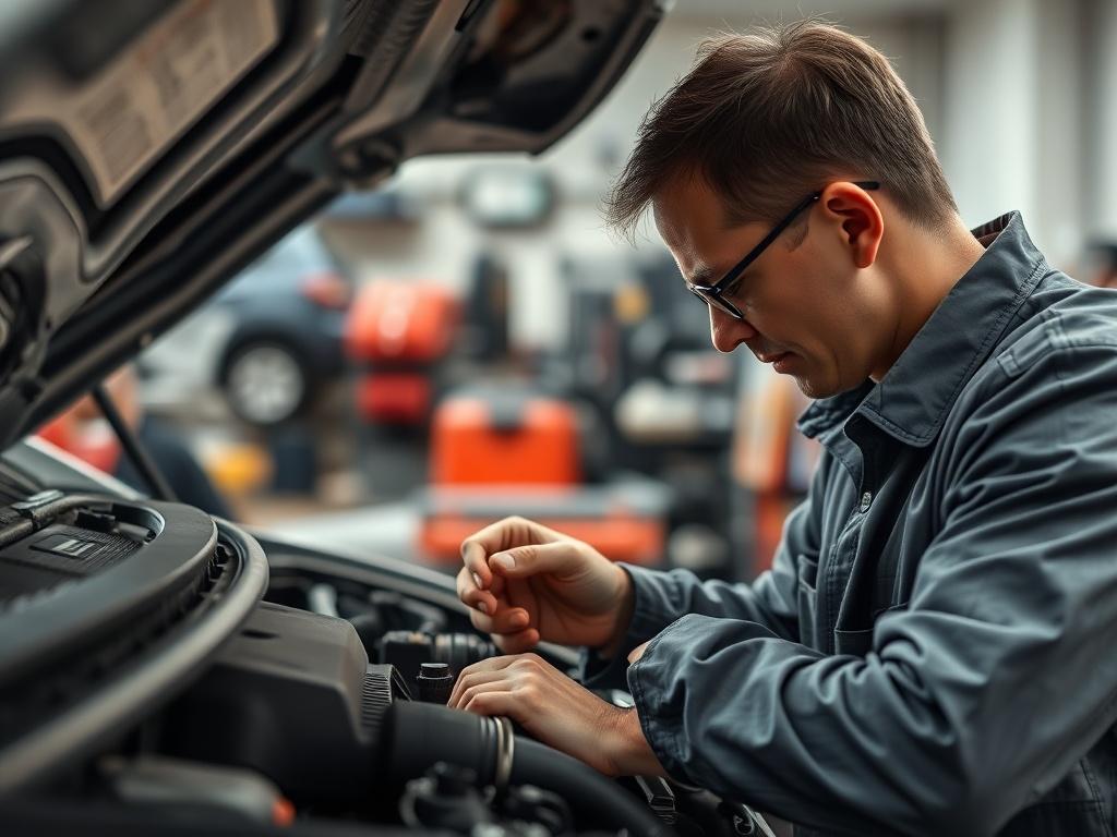 A close up view of a mechanic performing a detailed