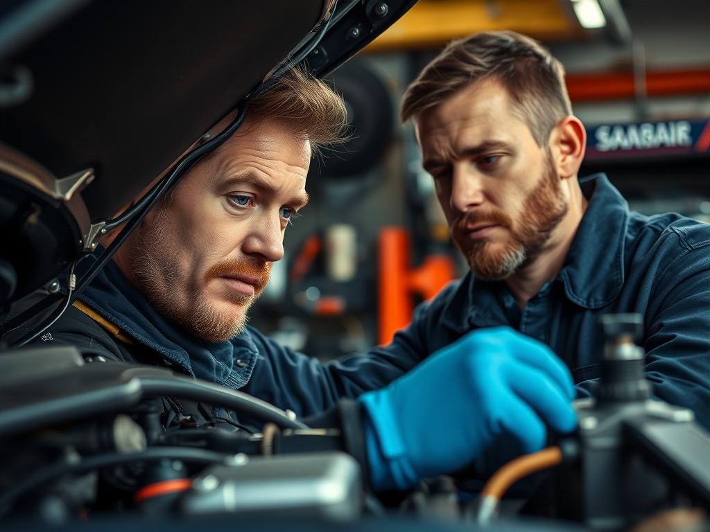 A close up shot of a mechanic inspecting the engine