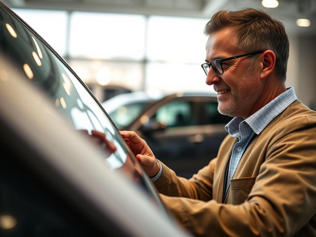 A close up shot of a professional car dealer examining