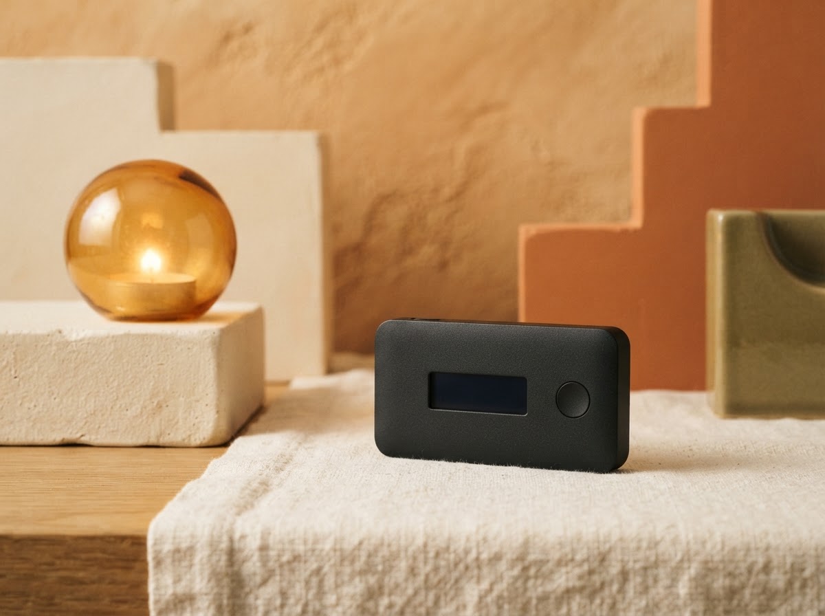 A minimal black hardware wallet set against a warm amber studio backdrop