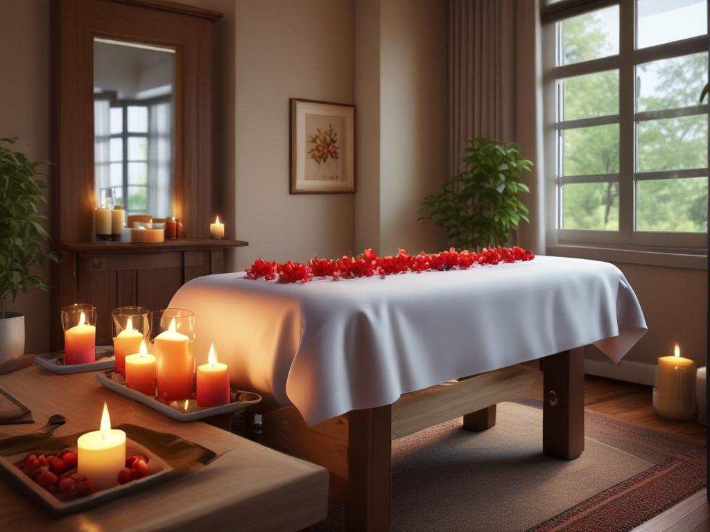 A serene setting featuring a massage table adorned with soft,