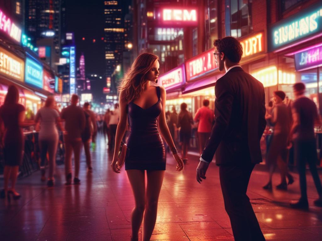 A vibrant nightlife scene with a glamorous escort and a