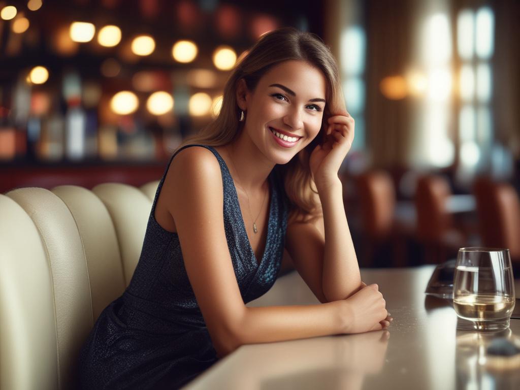 A stunning young woman dressed elegantly, smiling confidently while sitting