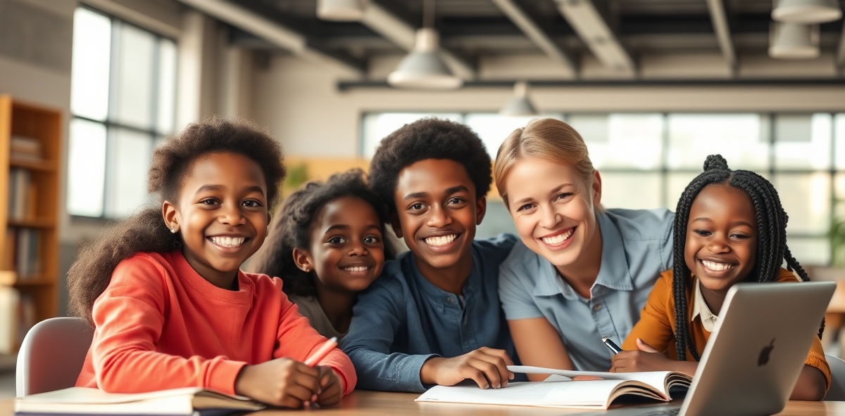 Children and tutors actively learning and smiling