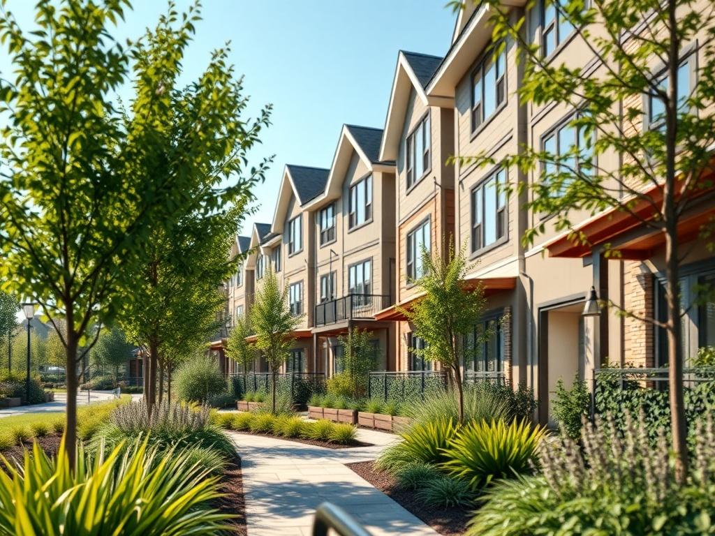 A close-up shot of a beautifully designed, sustainable townhome surrounded by greenery, showcasing modern architecture and inviting pathways. The image should capture the essence of community living, with a focus on the townhome's intricate details and eco-friendly features. The background should be softly blurred, emphasizing the townhome as the main subject, shot in natural light to enhance its appeal. Use a hyper-realistic rendering style with a depth of field effect.