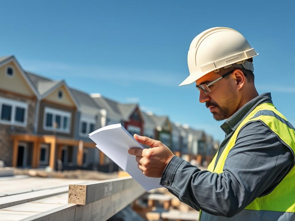 A close-up shot of a construction inspector examining building materials on a construction site. The inspector is wearing a safety helmet and high-visibility vest, focused on ensuring quality standards. The background shows partially constructed townhomes with clear blue skies. The image is shot with a 45mm f/1.2 lens style, ensuring hyper-realistic detail and a focus on the subject.
