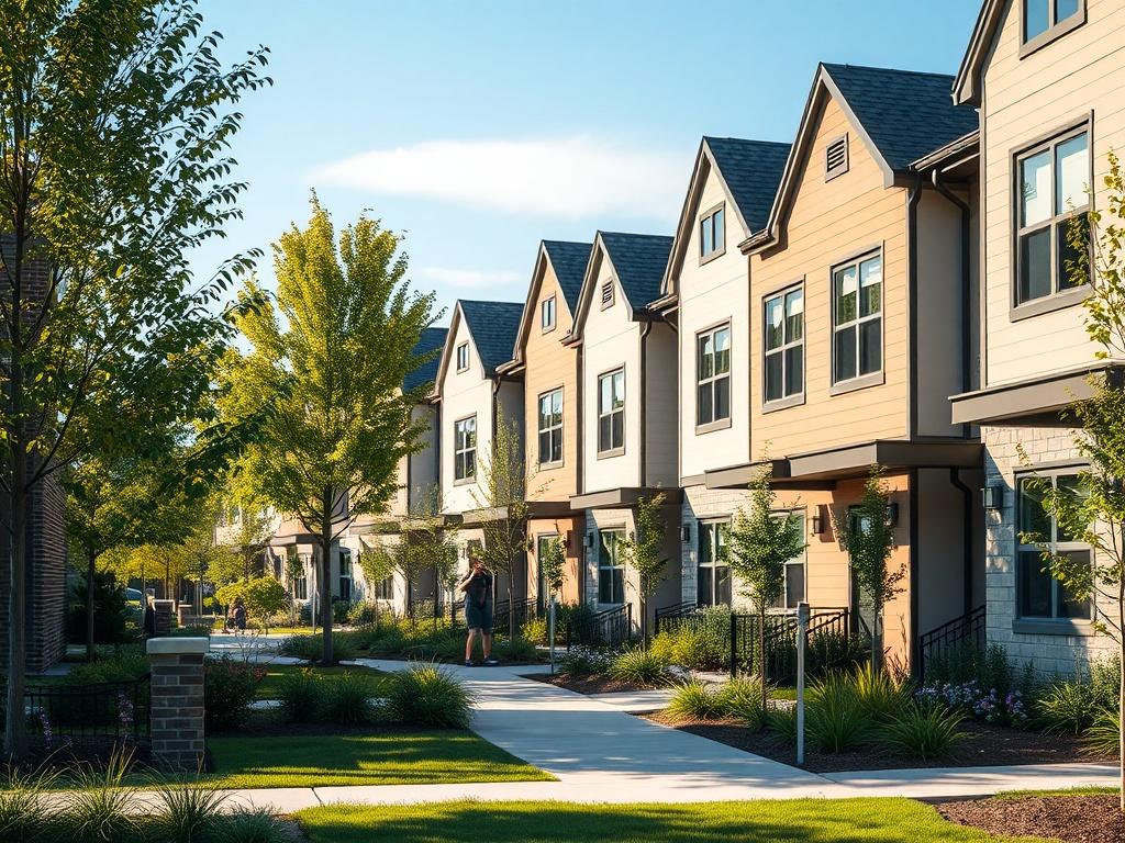 A close-up shot of a beautifully designed affordable housing complex, showcasing modern architecture with green landscaping. The image should capture the essence of community living with families enjoying the outdoor spaces. The background should feature clear blue skies and trees, emphasizing a welcoming environment. The focus should be on the architectural details of the townhomes, rendered in hyper-realistic quality, with warm sunlight casting gentle shadows, compatible with the rgb(193, 153, 87) primary