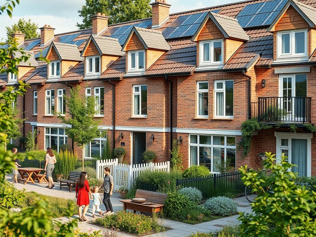 A revitalized neighborhood featuring eco friendly townhomes, with solar panels