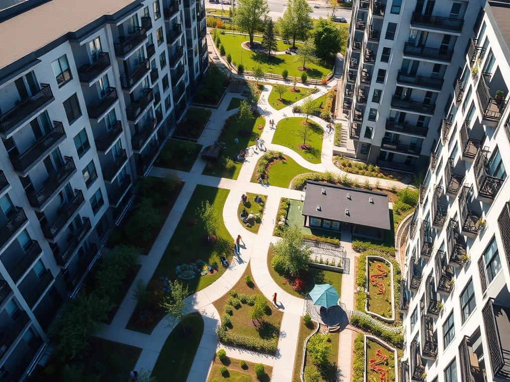 An aerial view of a modern multi unit residential complex,