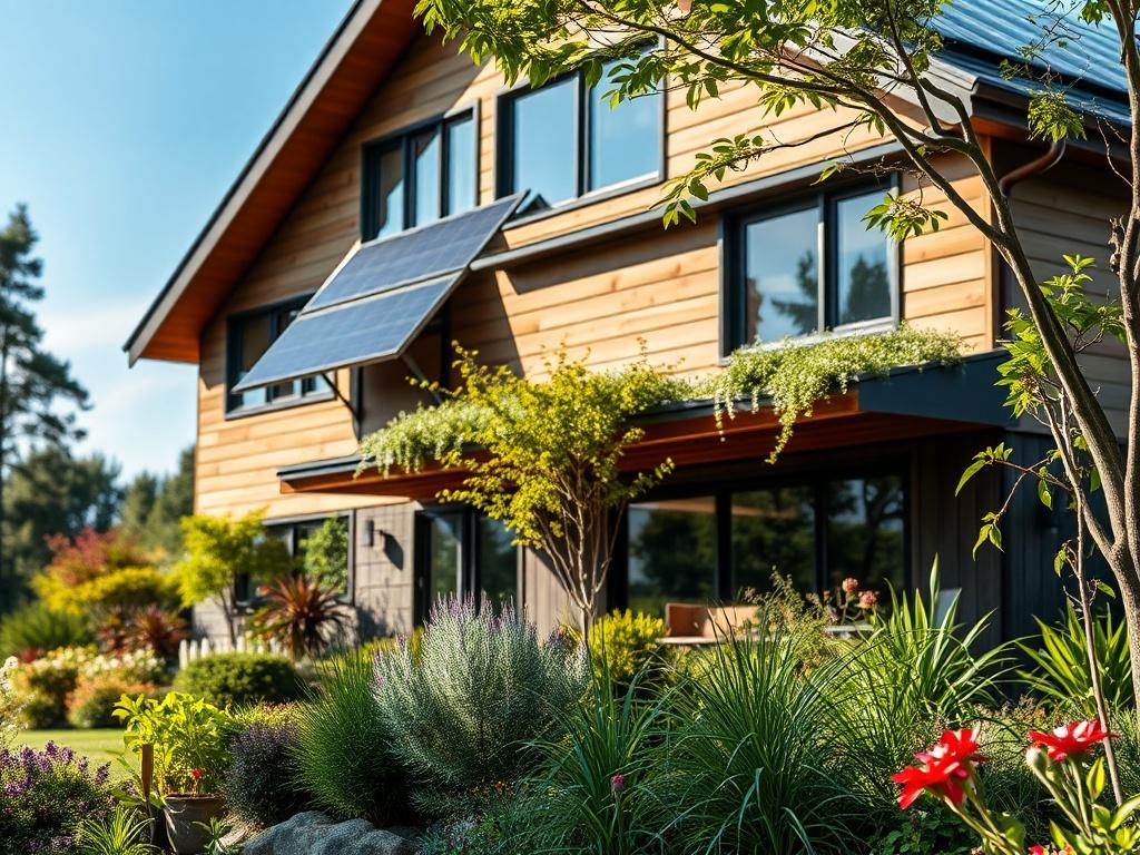 A close up shot of a sustainable home featuring solar