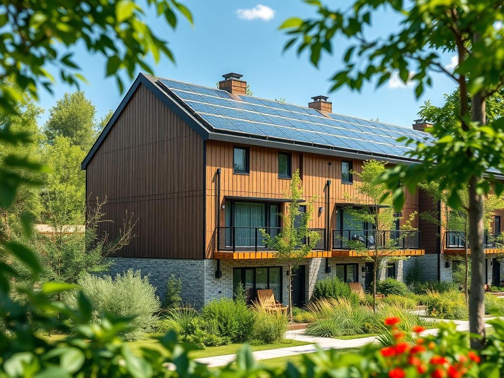 A hyper-realistic close-up shot of a modern, eco-friendly townhome with solar panels and lush greenery surrounding it, showcasing the sustainable design and energy efficiency. The image should have a clear focus on the townhome, with a soft background highlighting the natural environment, captured in vibrant colors.