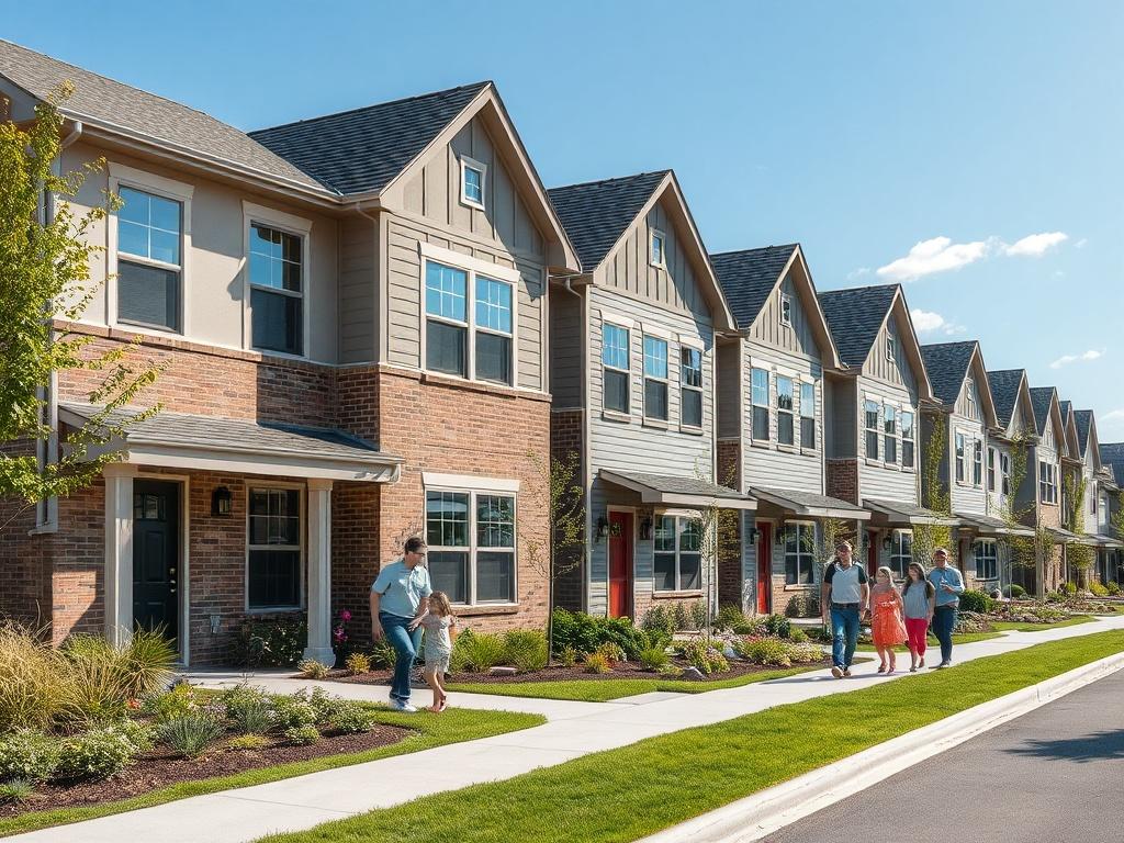 A realistic close-up shot of a newly developed townhome community in Tulsa, showcasing modern architecture and green spaces. The image captures the essence of community living with families interacting in front of their homes, vibrant landscaping, and a clear blue sky in the background.