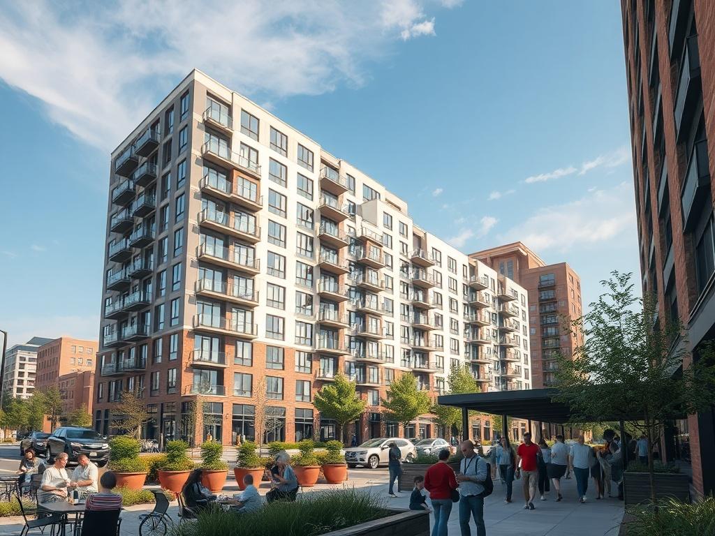 A high-resolution image of a newly constructed multi-unit apartment building in downtown Tulsa, highlighting modern architectural design and vibrant urban life. The foreground shows people enjoying outdoor spaces, while the building stands tall against a clear sky, symbolizing a revitalized community.