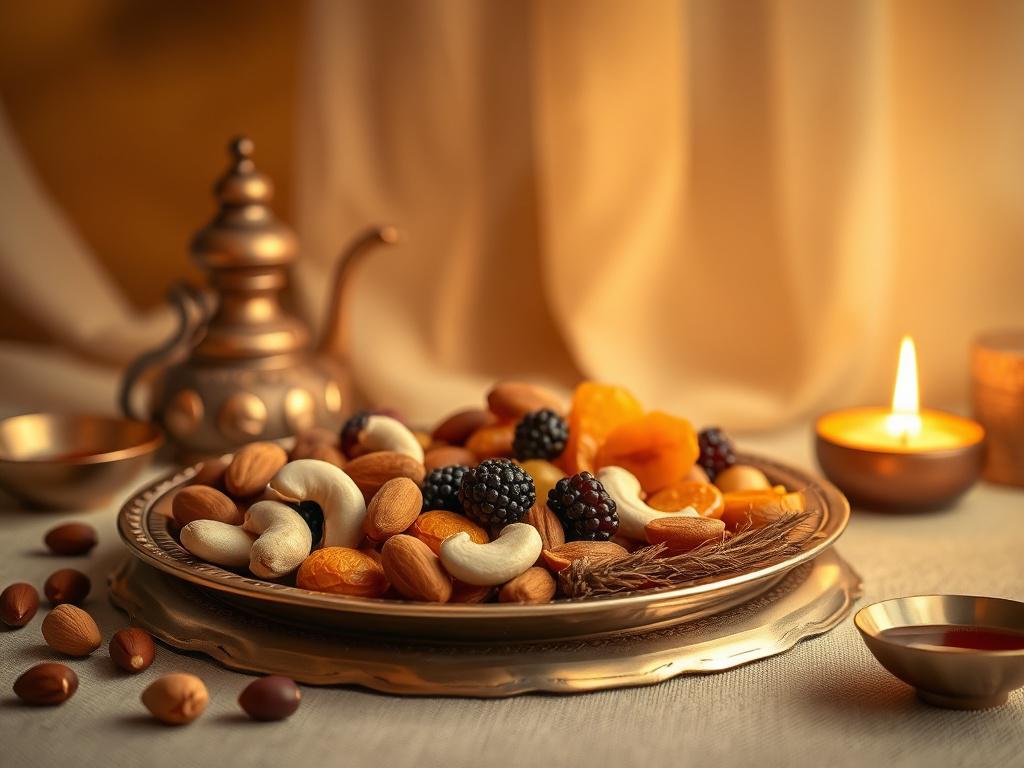 A high-resolution image showcasing a beautifully arranged selection of dry fruits for Pooja Samagri, including almonds, cashews, and dried fruits. The composition should focus solely on the dry fruits, placed elegantly on a traditional brass plate. The background should be softly lit with warm golden hues, creating a serene atmosphere that highlights the richness and purity of the offering.