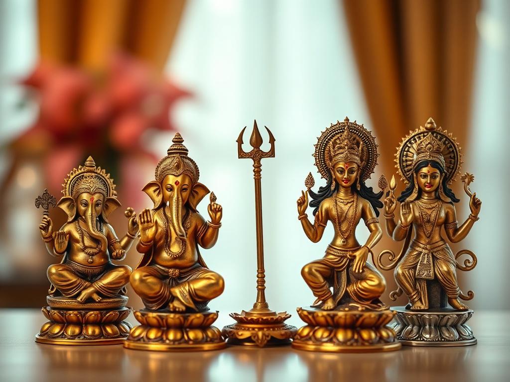 Create a realistic high-resolution photo of a beautifully arranged display featuring brass and silver idols of Lord Ganesha, Lord Lakshmi, Lord Shiva, and Goddess Durga. The idols should be the central focus, showcasing their intricate details and craftsmanship. The background should have soft lighting, creating a serene atmosphere with cozy, golden hues to enhance the spiritual ambiance. Ensure the composition is simple and clear, highlighting the beauty of each idol without any distractions.