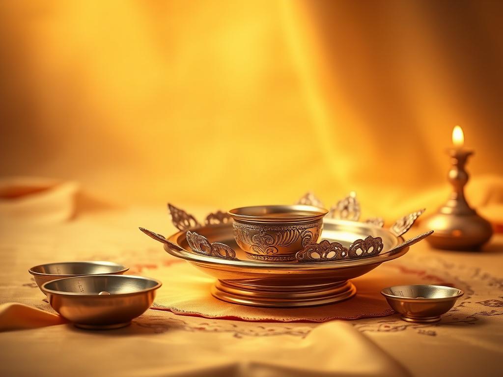 A high-resolution image of a beautifully arranged Pooja thali made of brass, silver, and copper. The thali is adorned with intricate designs and placed on a soft, golden-hued background that reflects serenity. The lighting is warm and inviting, highlighting the shiny surfaces of the metals. This image should evoke a sense of spirituality and elegance, capturing the essence of traditional Indian worship.