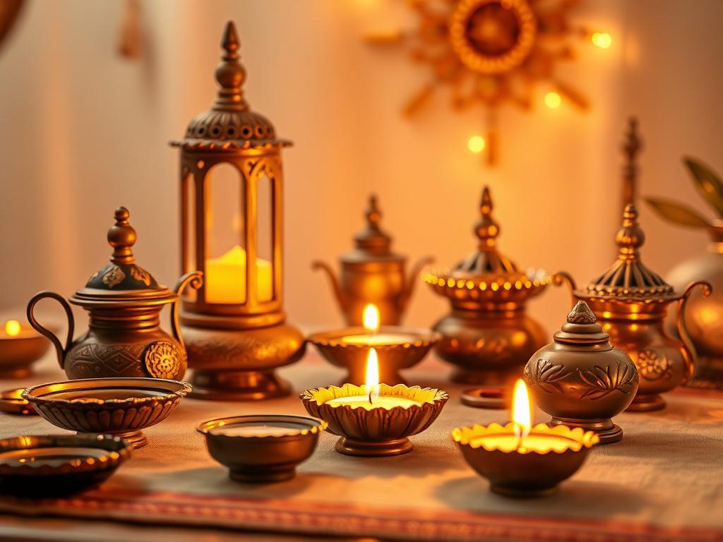 A realistic high-resolution image of a beautifully arranged set of traditional oil lamps and tea light holders. The scene should be softly lit, capturing the warm golden hues of the lamps as they glow gently. The background should be serene and inviting, with a subtle hint of Indian motifs to accentuate the spiritual ambiance. The composition should focus solely on the diya and lamps, showcasing their intricate designs and craftsmanship in a cozy and peaceful setting.
