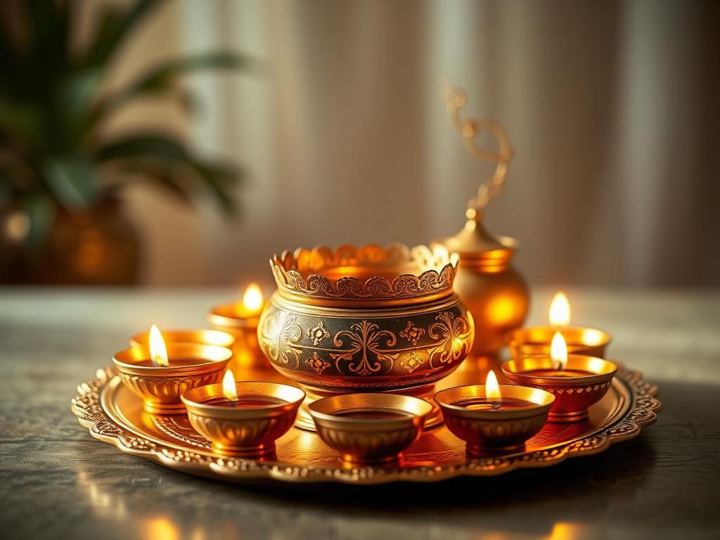 A high-resolution image of an elegant Aarti thali set with beautifully crafted containers used in rituals. The composition should focus on the thali in the center, showcasing its intricate designs and golden hues, surrounded by soft lighting to create a serene atmosphere. The background should be subtly blurred to emphasize the thali and containers, enhancing their beauty and elegance.
