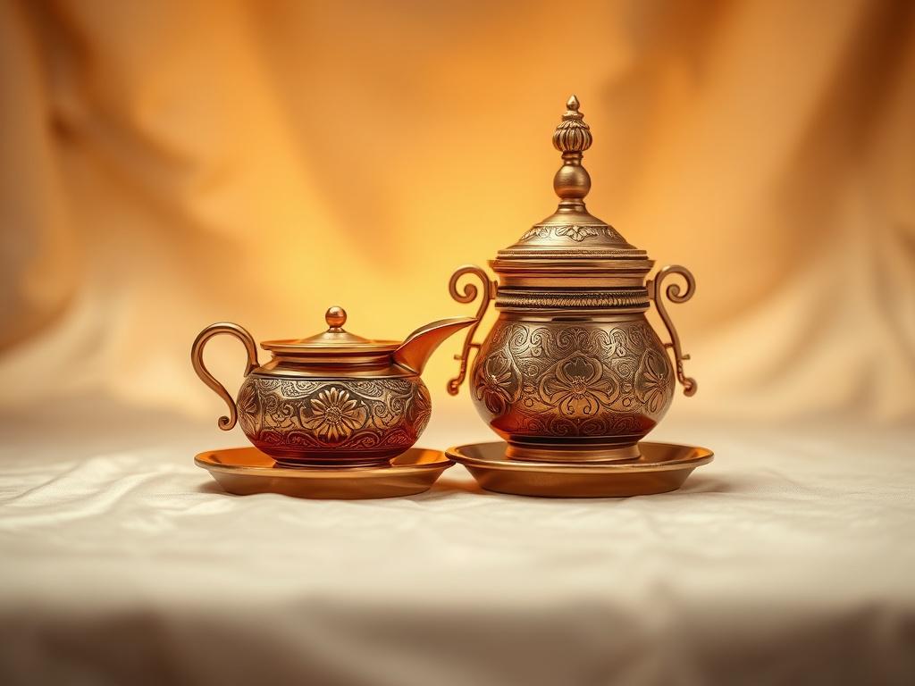 A realistic high-resolution image of a Lota and Kalash, beautifully crafted and polished, displayed against a soft, serene background with golden hues. The Lota, a traditional water pot, and the Kalash, a sacred pot, should be the focal point, showcasing intricate designs and craftsmanship. The lighting should be warm and inviting, creating a cozy atmosphere, with no other objects in the frame to maintain simplicity.