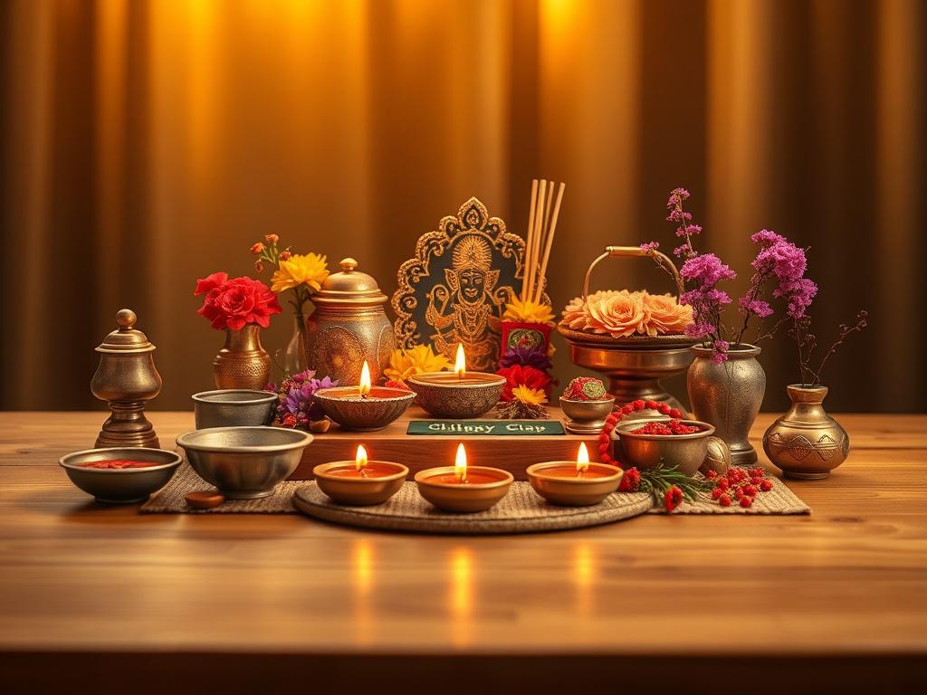 Create a realistic high-resolution image of a Special Pooja Kit displayed on a wooden table. The kit should include various traditional items such as colorful diyas, incense sticks, fresh flowers, and decorative elements. The background should feature soft golden lighting to create a warm, inviting atmosphere. The arrangement should be simple and elegant, highlighting the beauty of the Pooja items while ensuring the focus remains on the kit itself.